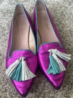 ANTHROPOLOGIE Bisue Ballerinas metallic magenta tassled loafers flats wmns 7